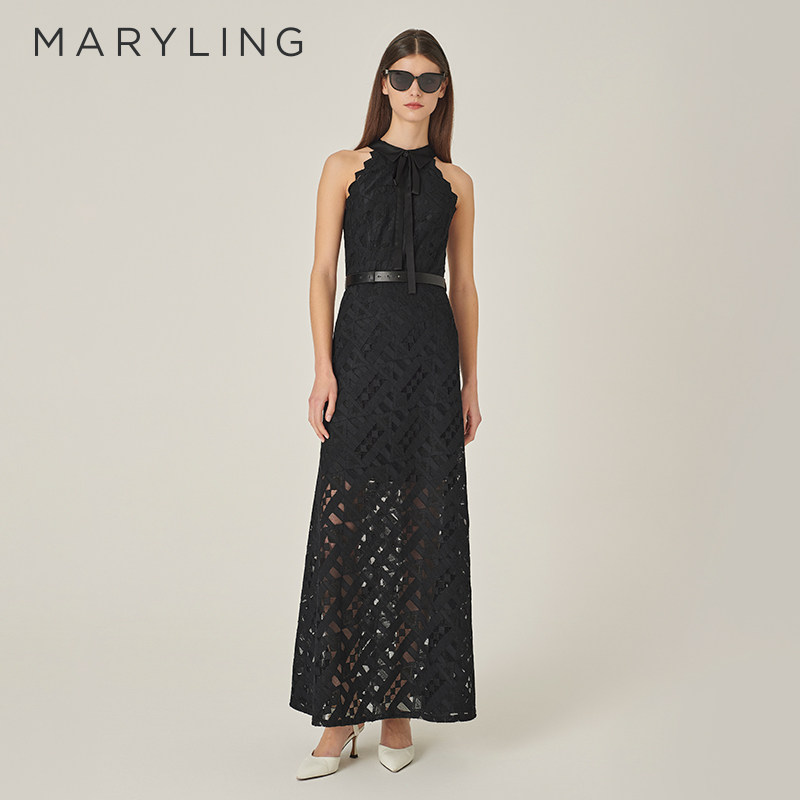 MARYLING玛俪琳初秋新品黑色小翻领蕾丝鱼尾礼服裙A1EFW