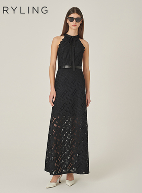 MARYLING玛俪琳初秋新品黑色小翻领蕾丝鱼尾礼服裙A1EFW68010