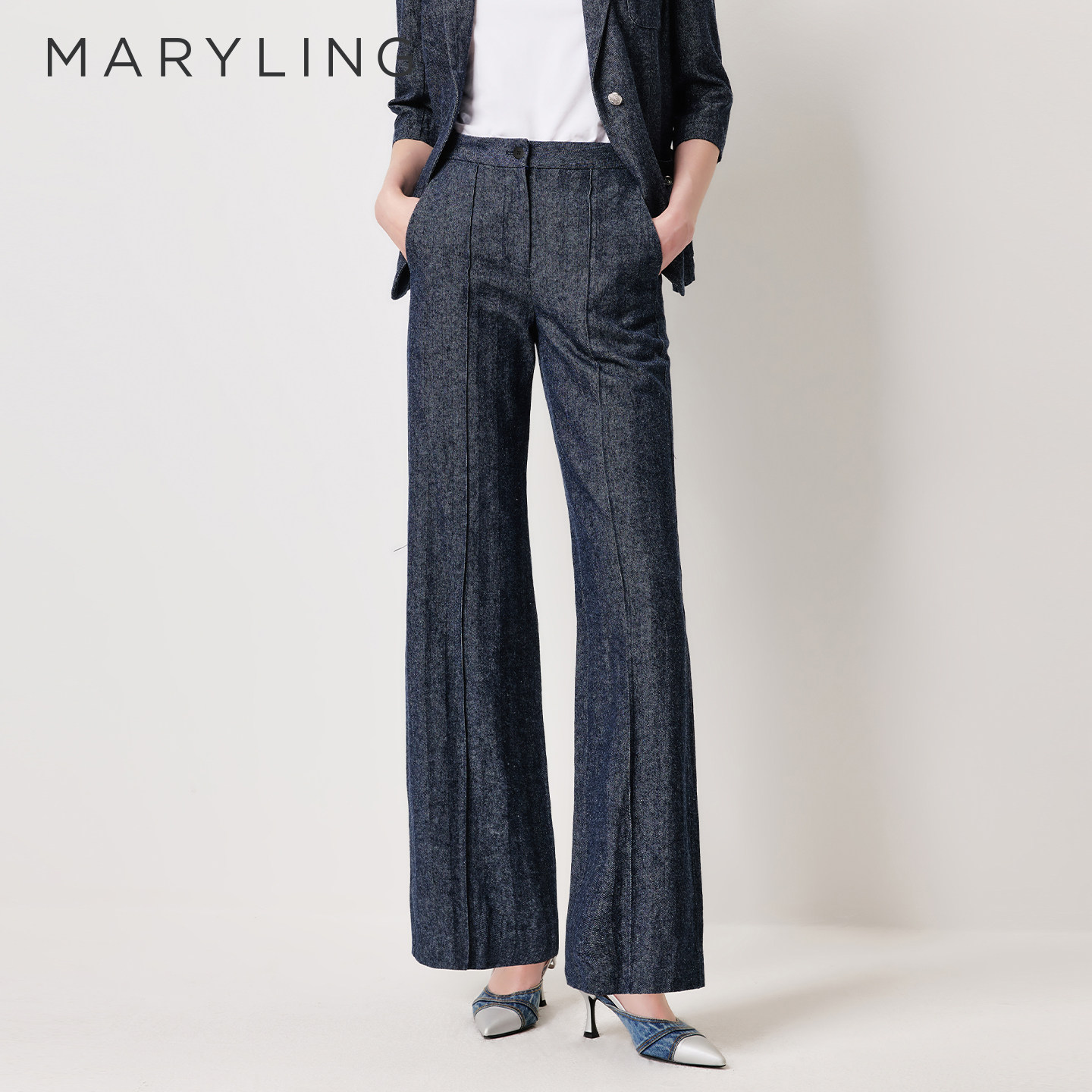 MARYLING玛俪琳2026春季新品自然牛仔蓝亚麻直筒西裤A1GBW51280图片