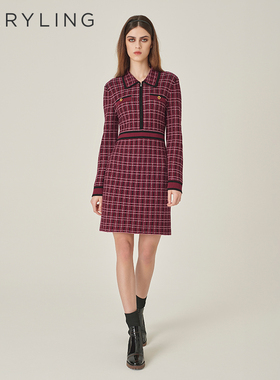 MARYLING玛俪琳秋季新品红黑仿粗花呢针织连衣裙A1EGW04030