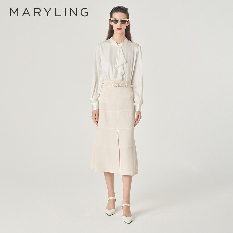 MARYLING玛俪琳春季新品米白色荷叶边真丝上衣A1EBW26