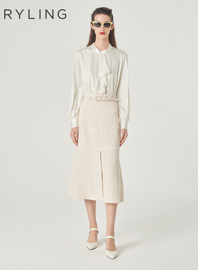 MARYLING玛俪琳春季新品米白色荷叶边真丝上衣A1EBW26350