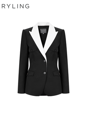 MARYLING玛俪琳秋季新品黑白撞色单排扣假两件西装外套A1DFW10080