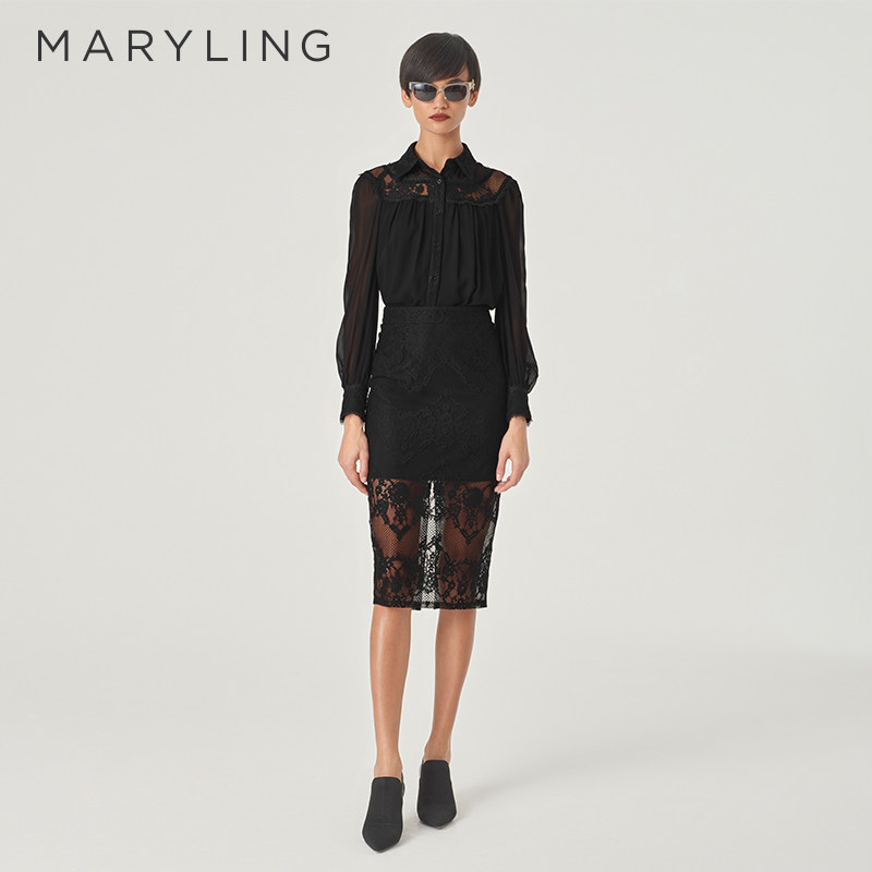 MARYLING玛俪琳春季新品黑色蕾丝拼接真丝乔其上衣A1EBW