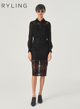 MARYLING玛俪琳春季新品黑色蕾丝拼接真丝乔其上衣A1EBW20250