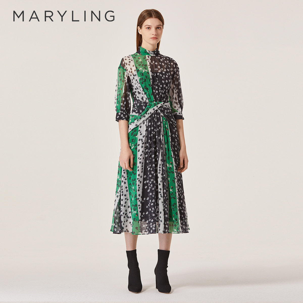 MARYLING玛俪琳秋季撞色碎花小高领交叉收腰连衣裙A1AB65310