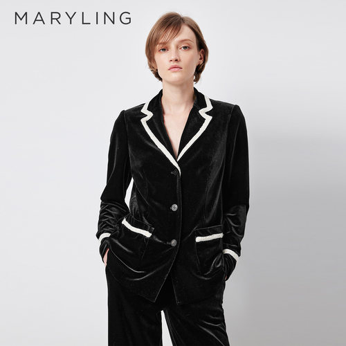 MARYLING黑色亮面丝绒粗花呢西服