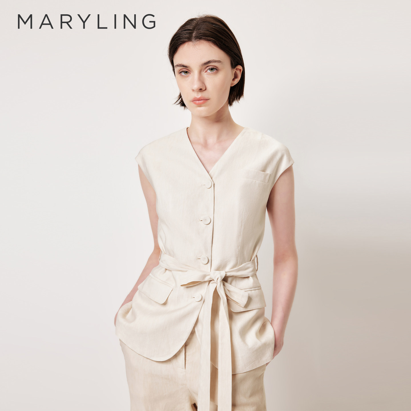 MARYLING玛俪琳2026初夏新品亚麻杏色西装度假风马甲A1GCW14470
