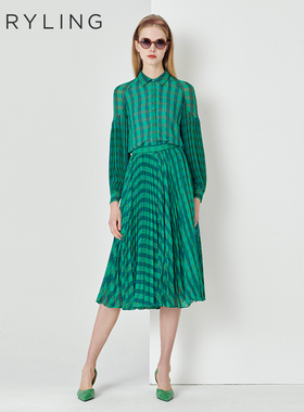 MARYLING玛俪琳春秋蓝绿方格印花千鸟格百褶半裙A1DAW72020