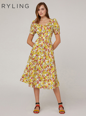 【日落森林】MARYLING玛俪琳夏季新品枫叶黄色V领碎花连衣裙