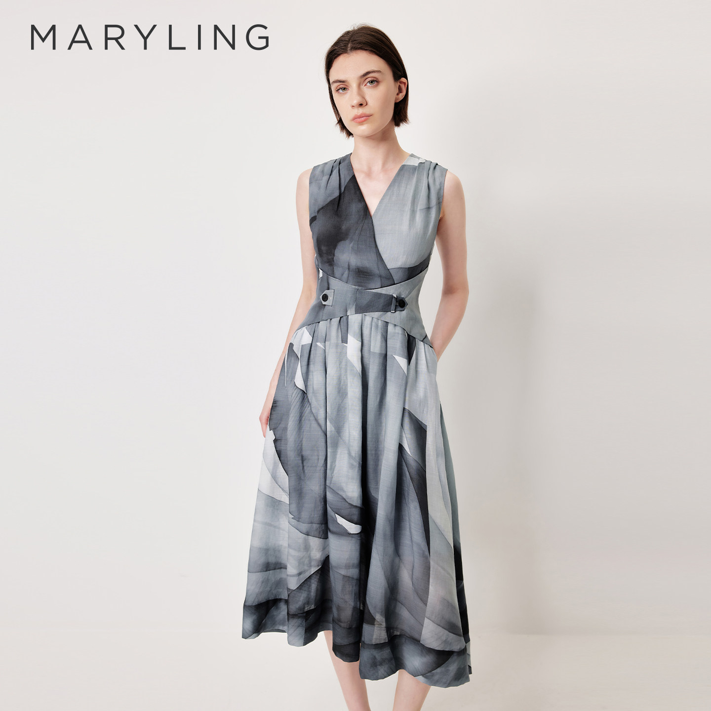 MARYLING玛俪琳2026初夏新品雨灰天堂鸟水墨印花连衣裙A1GCW62050