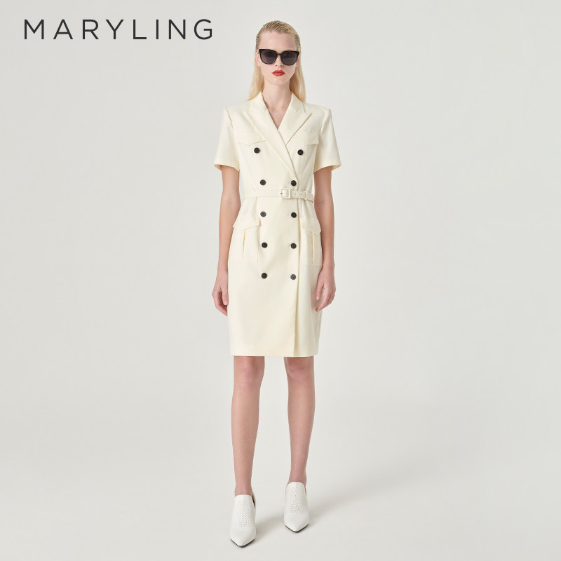 MARYLING玛俪琳夏季新品米白色双排扣西装连衣裙A1ECW64310
