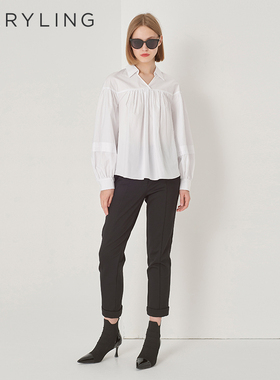 MARYLING玛俪琳秋季新品A摆灯笼袖衬衫领白色上衣A1DGW20220