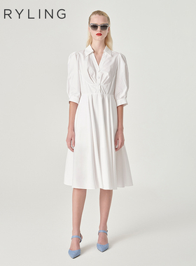 MARYLING玛俪琳24夏季新品白色V型衬衫领中袖A摆连衣裙A1ECW63060