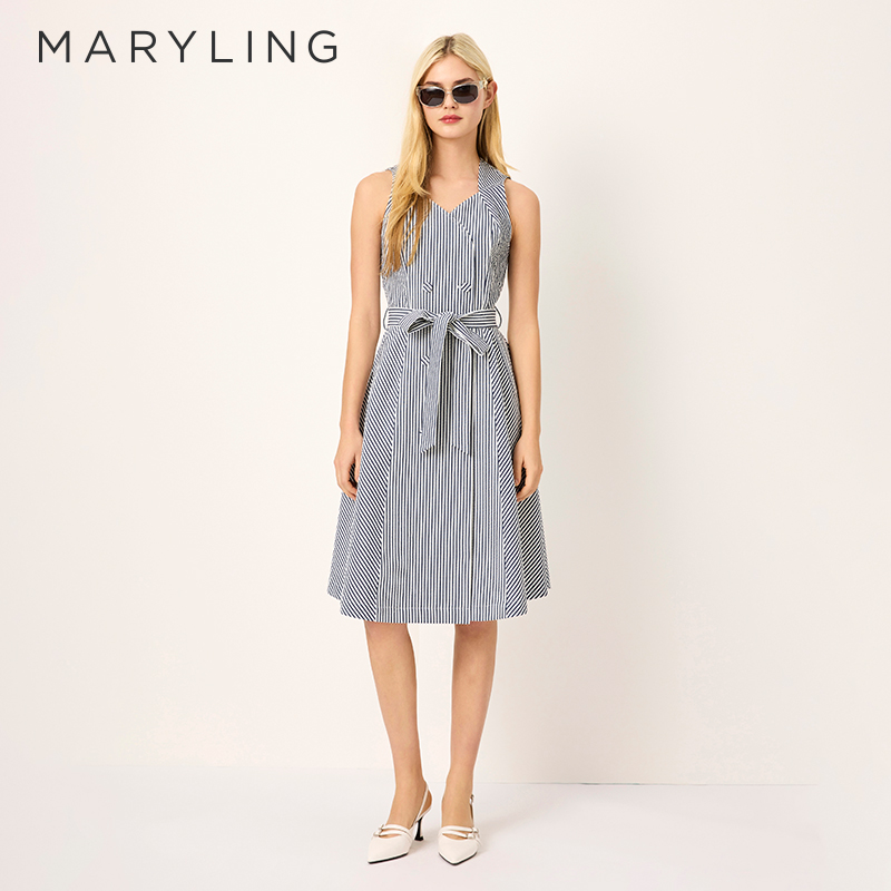 MARYLING双排扣V领条纹背心裙