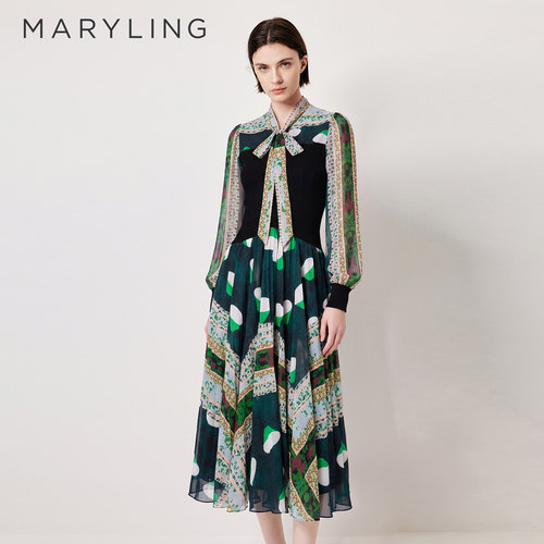 MARYLING领口飘带系蝴蝶结连衣裙