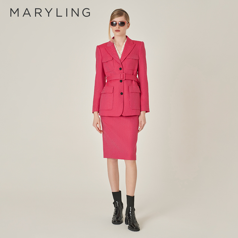 MARYLING复古红色人字纹羊毛外套