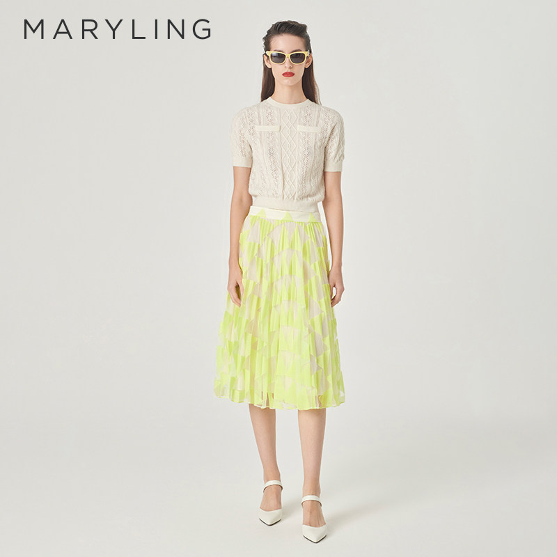 MARYLING玛俪琳初春新品嫩黄蕾丝压褶半身裙A1EAW72070