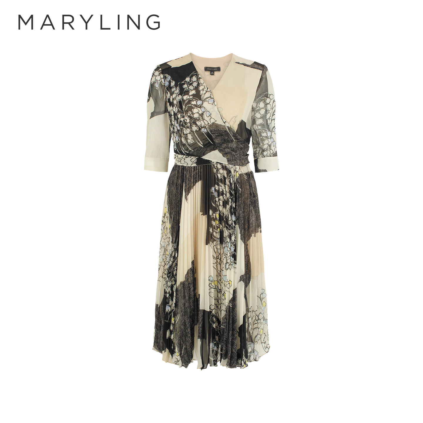 MARYLING玛俪琳夏季新品艺术印花连衣裙高腰V领百褶裙子A1AA65280