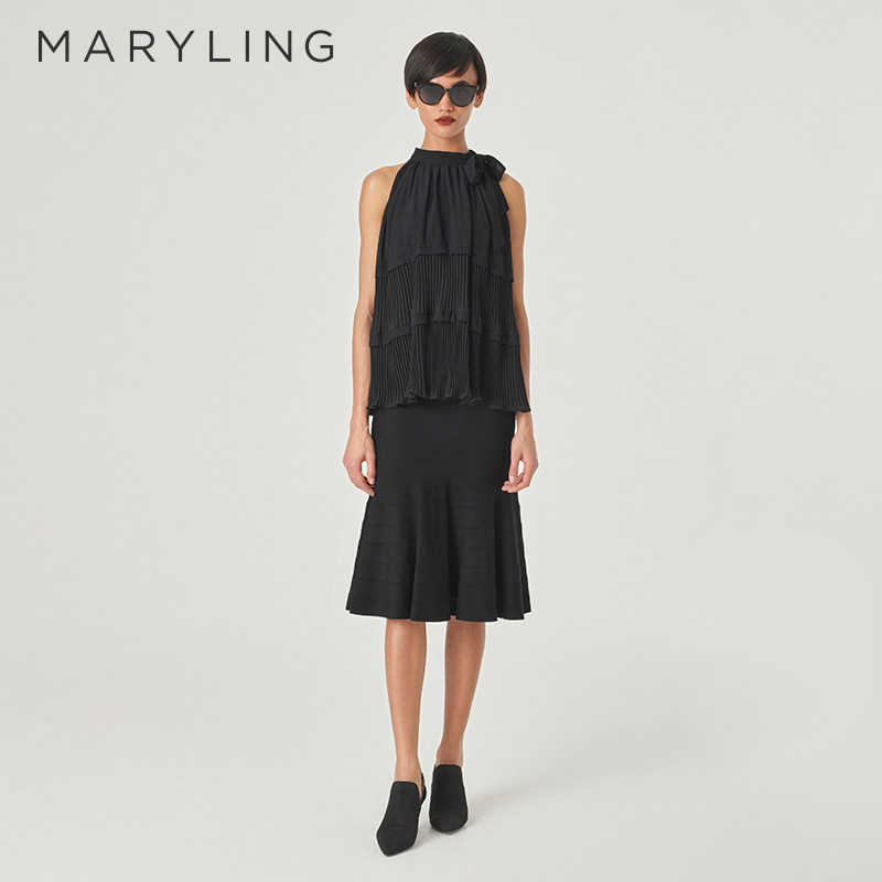 MARYLING玛俪琳夏季新品黑色露肩压褶塔塔上衣A1ECW26