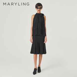 MARYLING玛俪琳夏季 黑色露肩压褶塔塔上衣A1ECW26310 新品