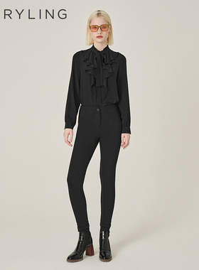 MARYLING玛俪琳初冬新品黑色荷叶边飘带真丝衬衣A1EHW20140