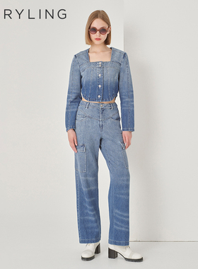 MARYLING玛俪琳初秋新品丹宁蓝渐变色直筒牛仔裤A1DFW56010