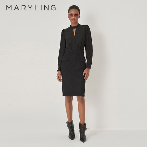 MARYLING黑色真丝收腰连衣裙