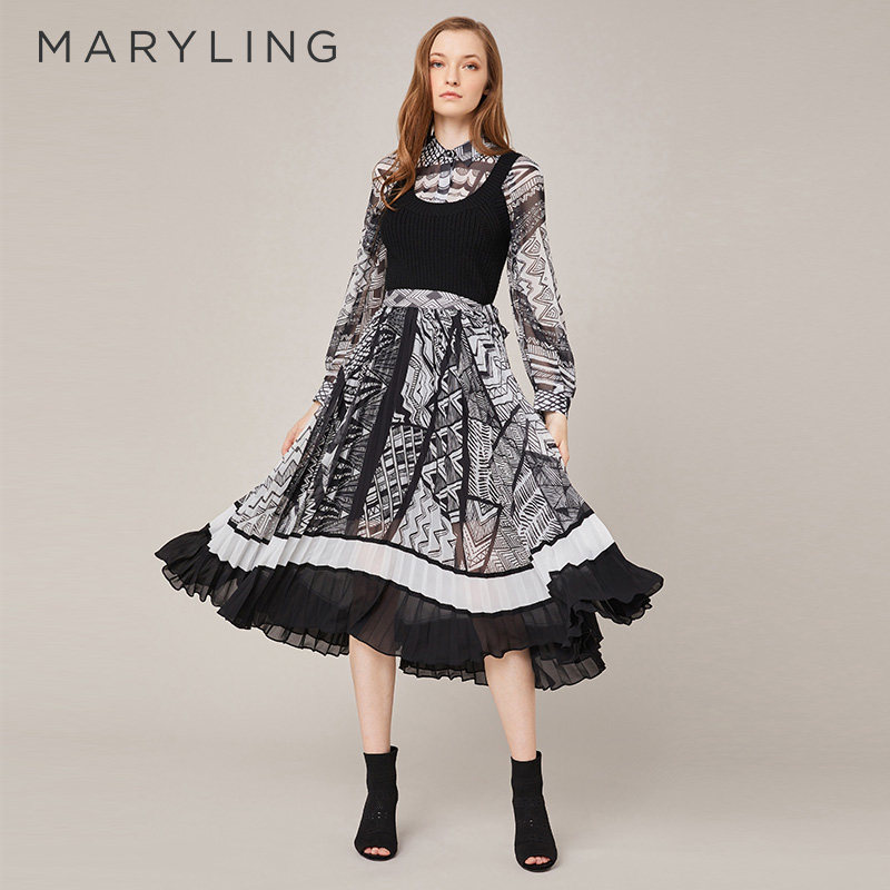 MARYLING玛俪琳气质优雅黑白波纹印花衬衫上衣A1BGW20110图片