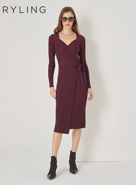 MARYLING玛俪琳新品酒红色修身针织连衣裙A1DIW04700