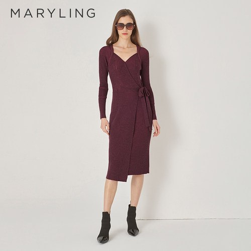 MARYLING针织V领连衣裙