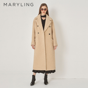 MARYLING玛俪琳冬季 浅驼色大翻领双排扣毛呢大衣A1DIW93410 新品