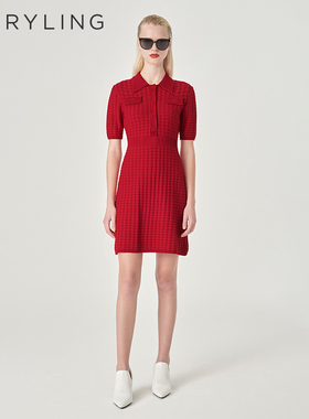 MARYLING玛俪琳春季新品嫣红色衬衫领针织连衣裙A1EBW04040