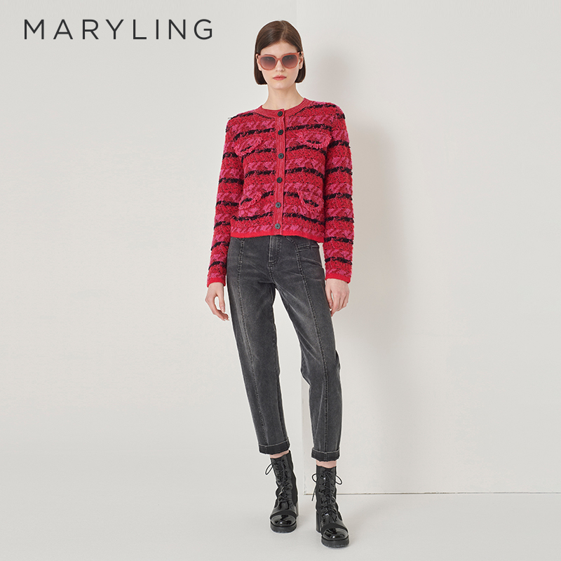 MARYLING莓红格子针织开衫