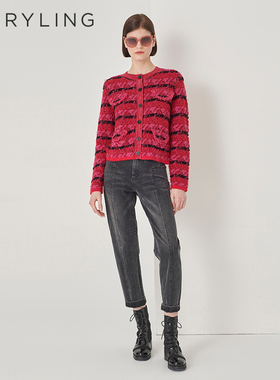 MARYLING玛俪琳秋季新品莓红格子针织开衫A1DHW08930
