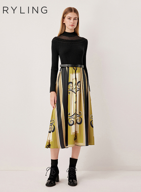 MARYLING玛俪琳2025秋季新品优雅黑色针织拼接连衣裙A1FGW61670