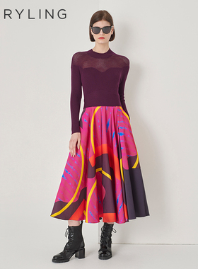 MARYLING玛俪琳秋季新品红色针梭拼接印花高级感连衣裙A1DHW62300