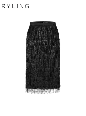 MARYLING玛俪琳秋季新品黑色流苏亮片包臀半身裙A1EGW72060
