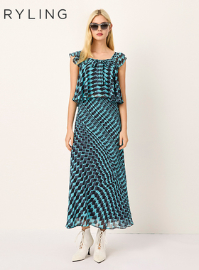 MARYLING玛俪琳2025夏季新品蓝黑菱形格蝴蝶结吊带上衣A1FDW26550