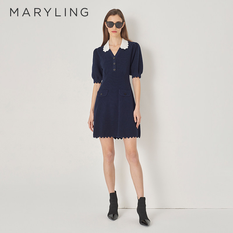 MARYLING玛俪琳秋季新品蓝白拼接中长款小香风针织连衣裙高级感