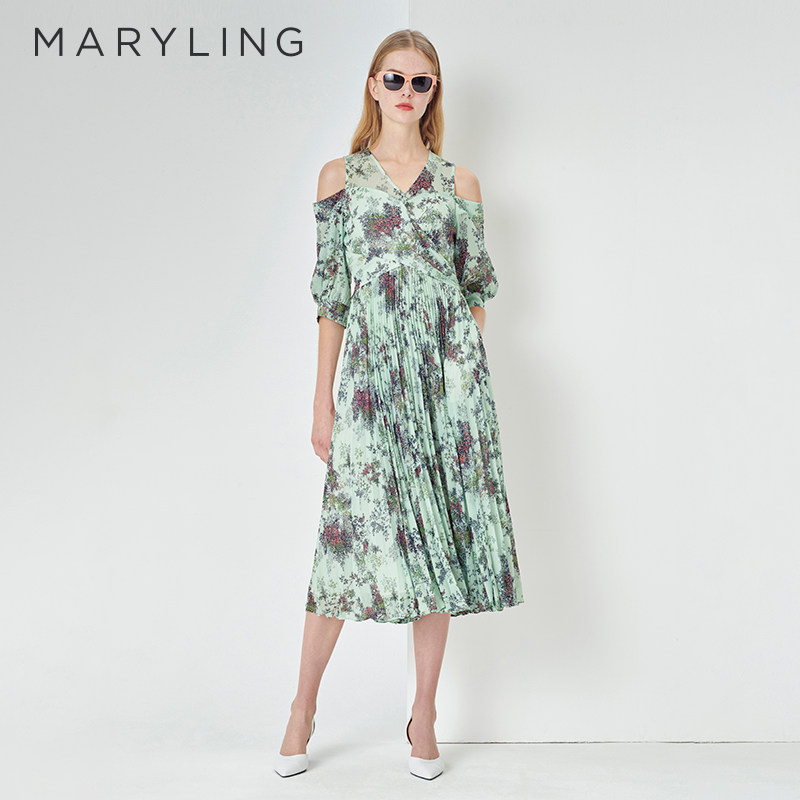 MARYLING玛俪琳初夏新品夏日丛林V领露肩印花连衣裙A1DC