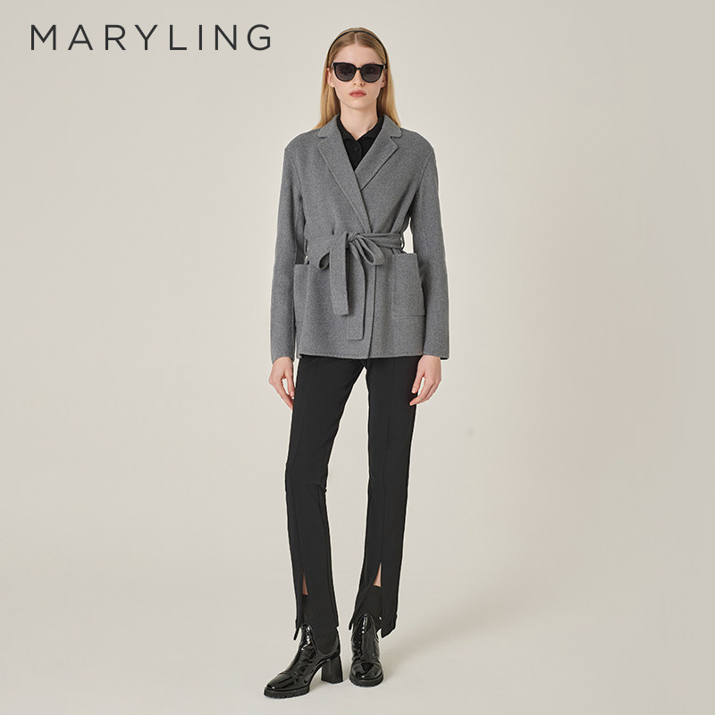 MARYLING玛俪琳冬季新品灰色披挂式双面呢丝毛外套A1EHW