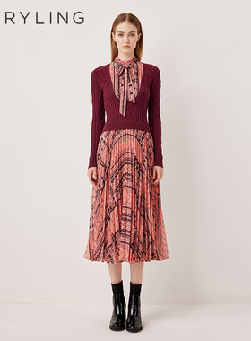 MARYLING玛俪琳2025秋季新品粉色线条印花针织连衣裙A1FGW62010