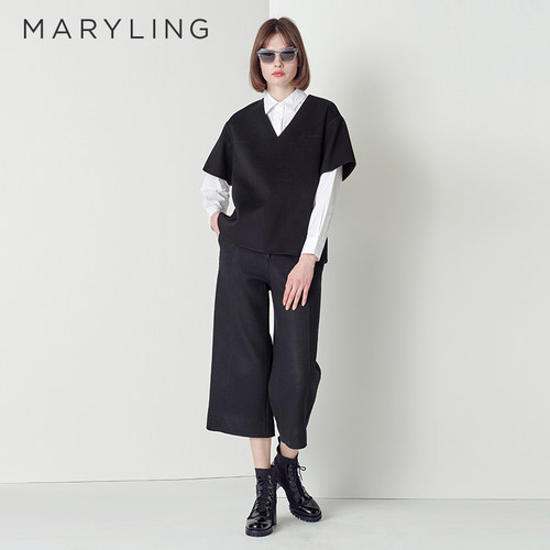 MARYLING黑色镂空系带短袖上衣