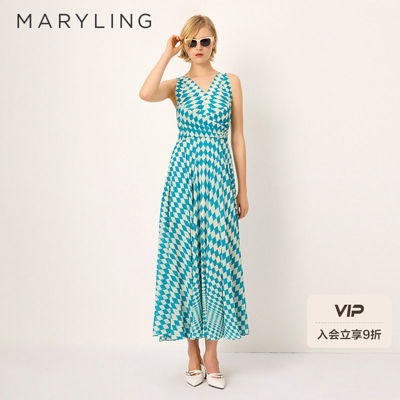 MARYLING玛俪琳2025夏季新品无袖V领褶裥印花连衣裙A1