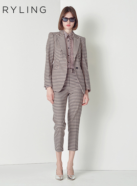 MARYLING玛俪琳秋季黑粉色格纹千鸟格九分西装裤子A1CGW51440