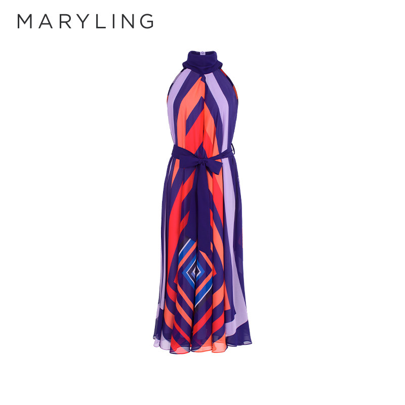 MARYLING玛俪琳2025初夏新品粉紫色印花无袖立领连衣裙A