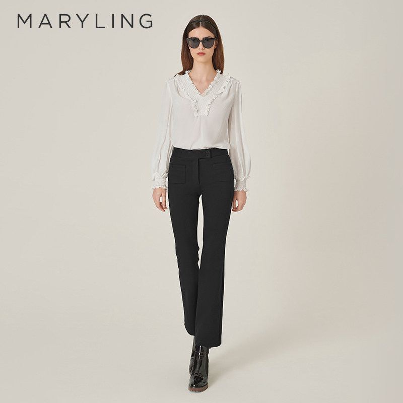 MARYLING玛俪琳秋季新品白色V领木耳边真丝上衣A1EGW2