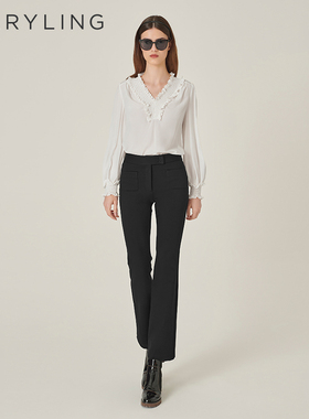 MARYLING玛俪琳秋季新品白色V领木耳边真丝上衣A1EGW20120