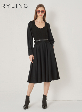 MARYLING玛俪琳秋季新品黑色法式V领拼接羊毛连衣裙A1DIW63060